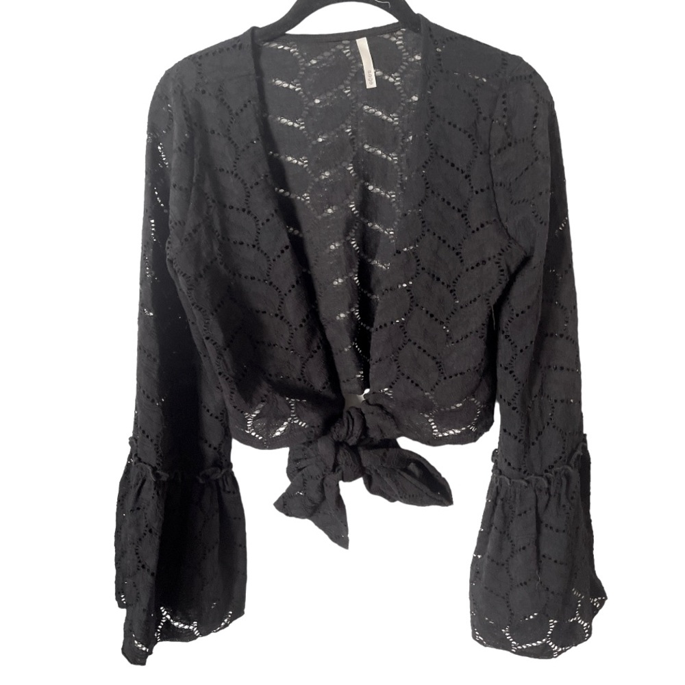 Sage Lace Semi-Sheer Bell‎ Sleeve Black Tie Front Crop Top
